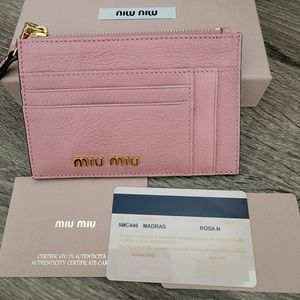 NIB Auth Miu Miu Madras zip card wallet holder ROSA box and card